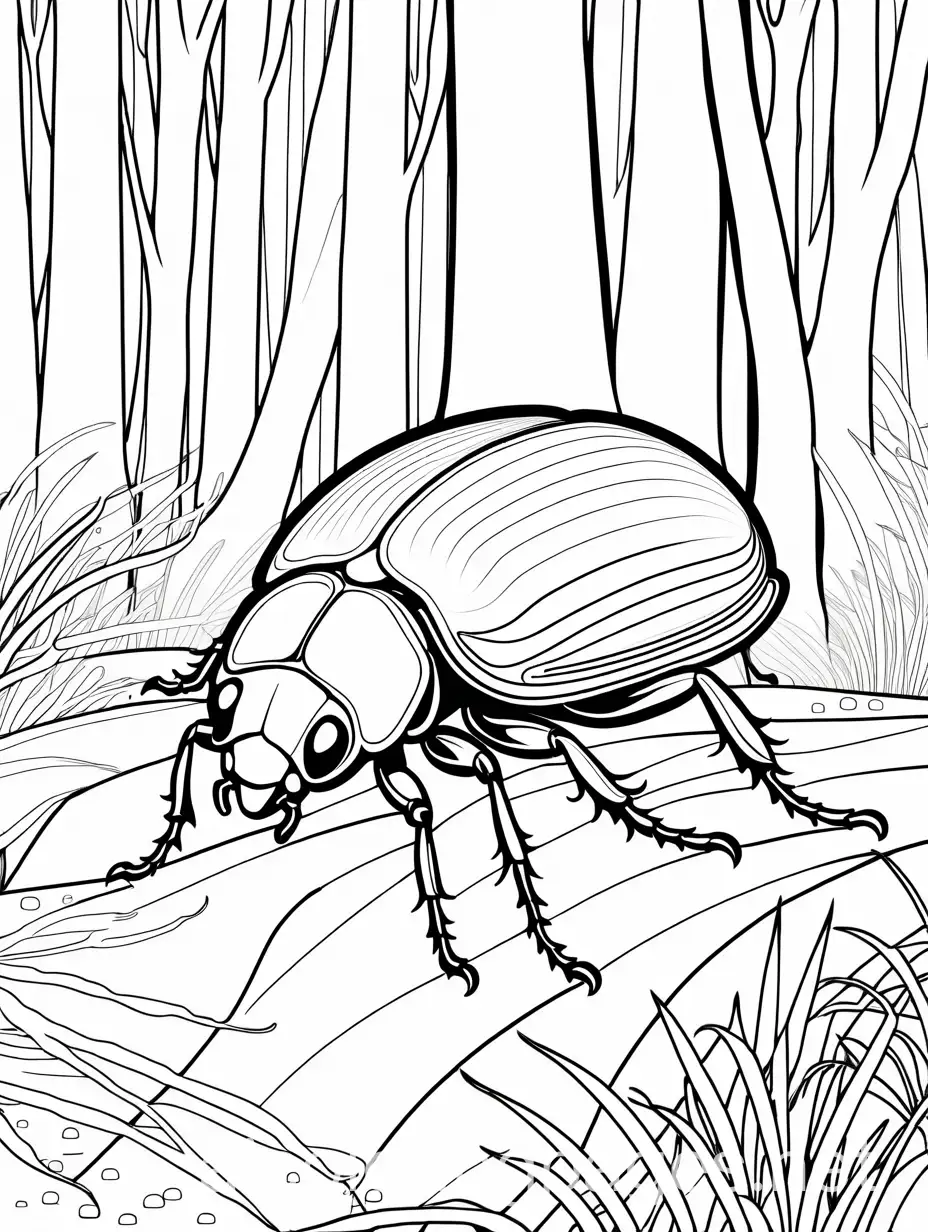 A beetle with a hard, segmented shell, exploring the forest floor., Coloring Page, black and white, line art, white background, Simplicity, Ample White Space.