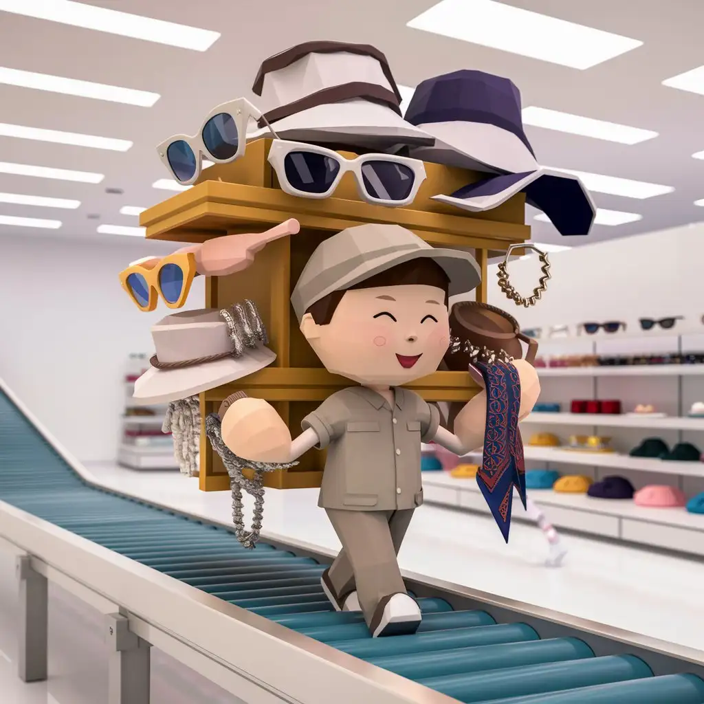 cartoon 3d model like style, worker From Storage bring "fashion accessories " to Shop for sellinhg make it more low poly and casual , 