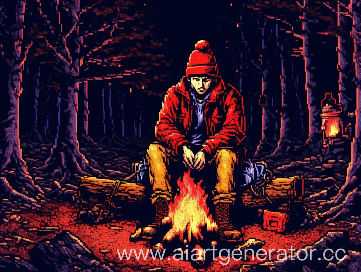 16-bit pixelated picture. the time of day in the picture is midnight. There is darkness all around, only the light from the fire illuminates the area. In the center of picture sits a lonely drunk man in dirty clothes(red beanie hat, torn boots and jacket) by the fire (the man is shown in close-up). Also, a lonely small squirrel sits on one of the trees.