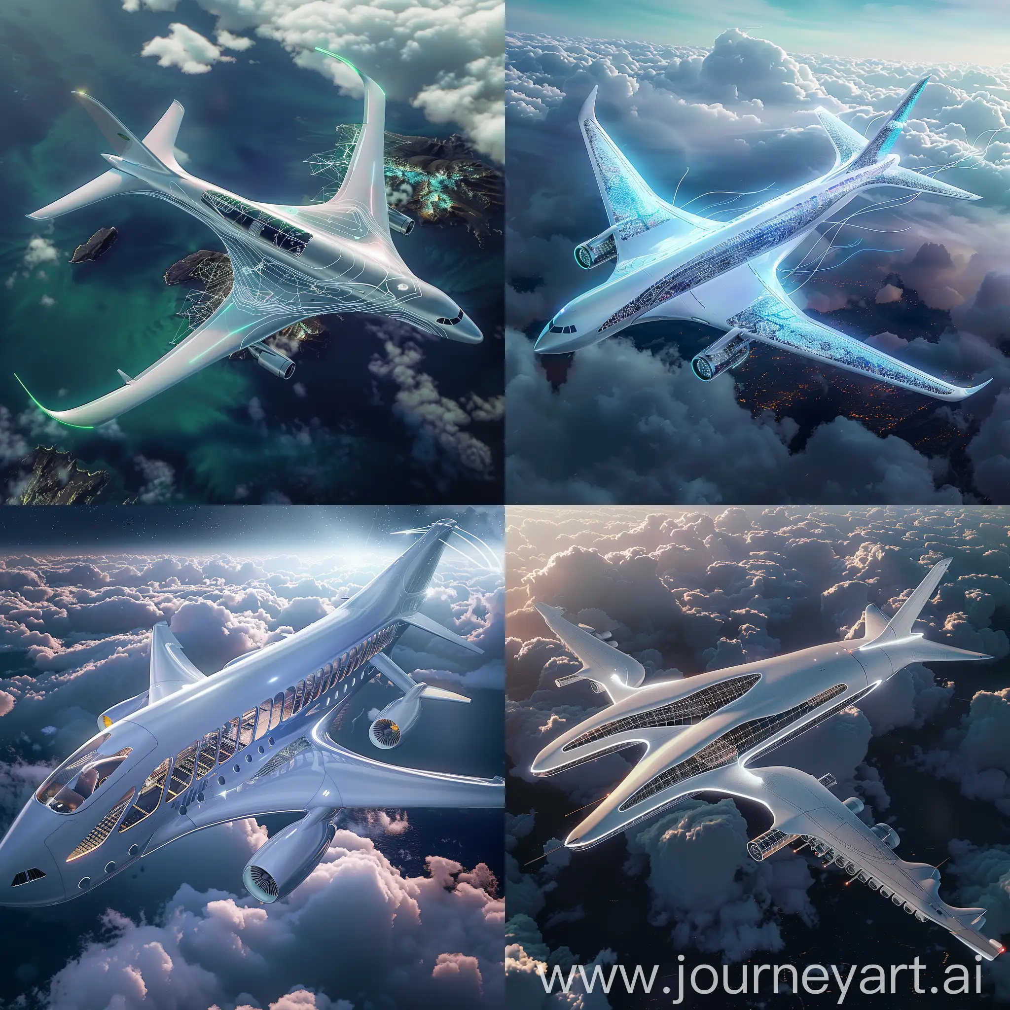 Futuristic passenger aircraft, in futuristic style, Biometric Boarding and Authentication, Adaptive Cabin Layouts, Virtual Reality (VR) Entertainment, Smart Materials and Self-Healing Surfaces, Personalized Climate Control, Biophilic Design Elements, Zero-Gravity Zones, Advanced Noise-Cancellation Technology, Holographic Flight Attendants, Integrated Health Monitoring Systems, Blended Wing Bodies (BWB), Active Flow Control Surfaces, Electric Propulsion Systems, Variable Geometry Wings, Integrated Solar Panels, Active Camouflage Systems, Bird Strike Protection, Hydrophobic Coatings, Advanced Lightning Protection, Biodegradable Materials, Mind-Controlled Interfaces, Holographic Displays and Interfaces, Augmented Reality (AR) Windows, In-Flight Gyms and Wellness Pods, 3D Printed Food and Beverages, Zero-Gravity Sleep Pods, Personalized AI Companions, Bioluminescent Cabin Lighting, Nanotechnology-Based Air Filtration Systems, Self-Configuring Cabin Spaces, Shape-Memory Alloy Morphing, Dynamic Solar Skin, Nanotechnology Coating, Metamaterial Cloaking, Hyper-Efficient Propulsion Systems:, Bio-Inspired Active Camouflage, Inflatable Emergency Escape Systems, Dynamic Wing Morphing, Electrochromic Windows, Self-Healing Structural Materials, unreal engine 5 --stylize 1000