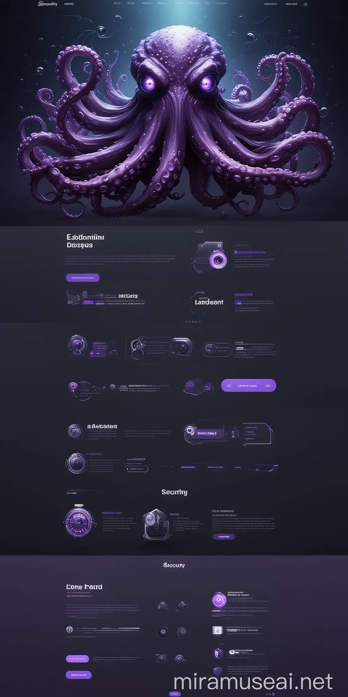 security octopus landing page website design, ui ux, detailed octopus eye, black and purple theme