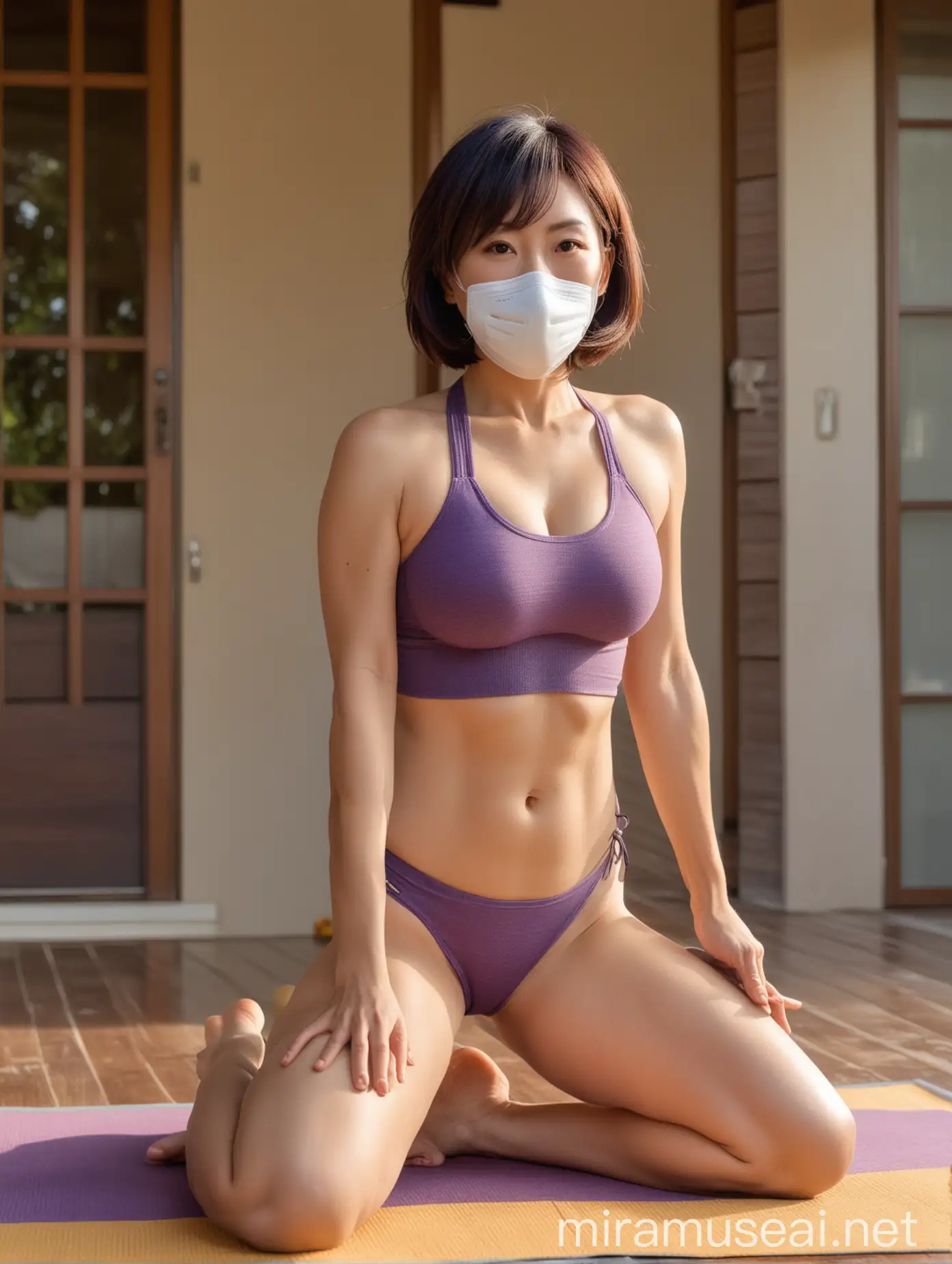 side view, an attractive, buxom, bodacious, large-breasted japanese woman in her 40s, with bob haircut, wearing a respirator mask, by a southwestern style house, on a yoga mat doing yoga poses, in a knit french-cut bikini, that is purple, blue,  and yellow colored
