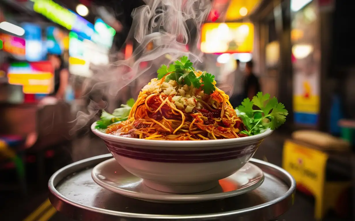A bowl of piping hot and spicy Rice Noodles, placed on a street-style small stall table, garnished with cilantro and minced garlic. Captured in a lively and vibrant lifestyle style, illuminated by bright lights, with a full composition, creating a sense of deliciousness and temptation