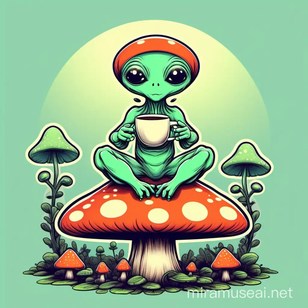 cute alien sitting on a mushroom drinking coffee with a circle around it

