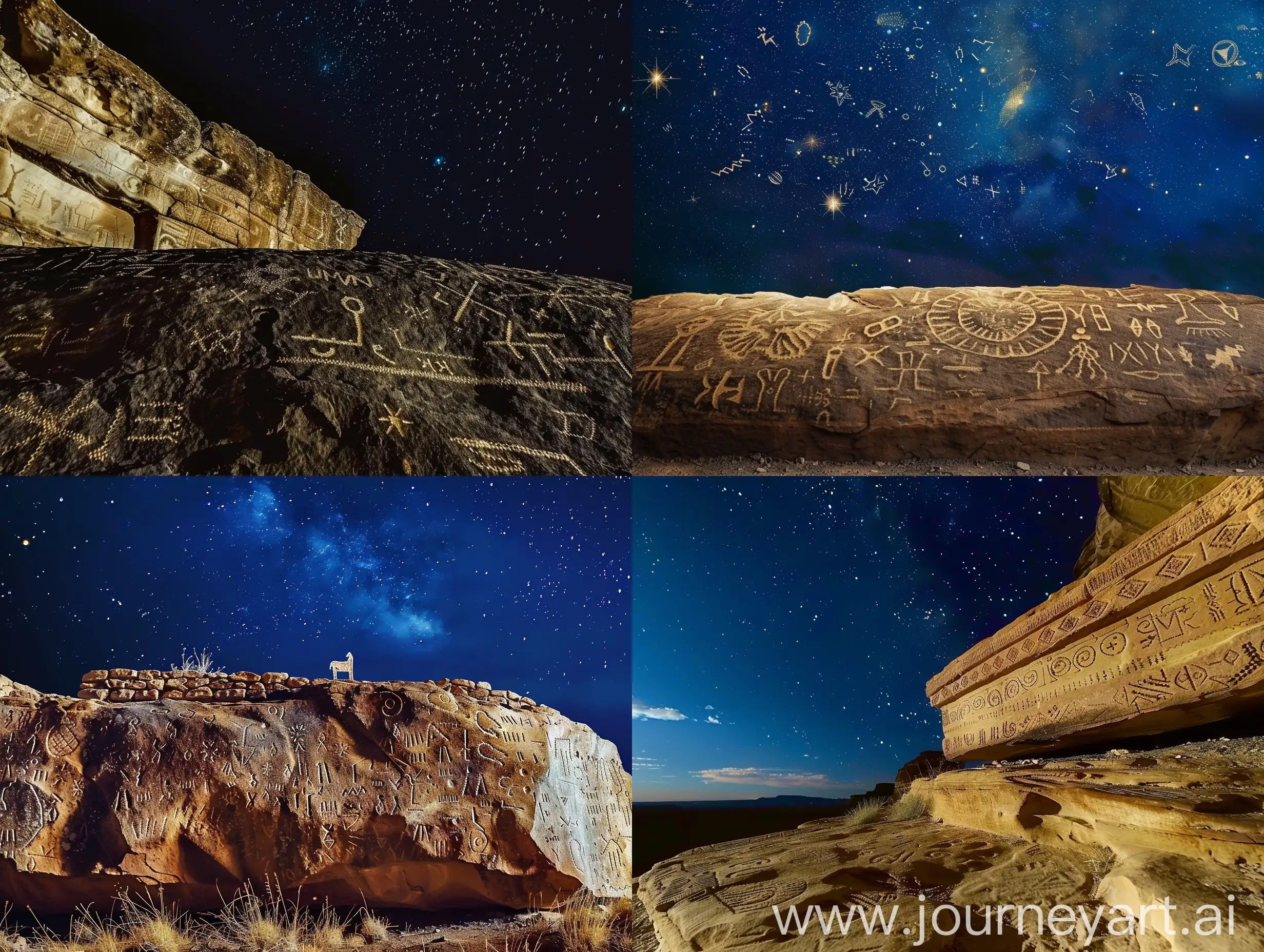 Петроглифы на скале высечены. На фоне ночное звёздное небо. 