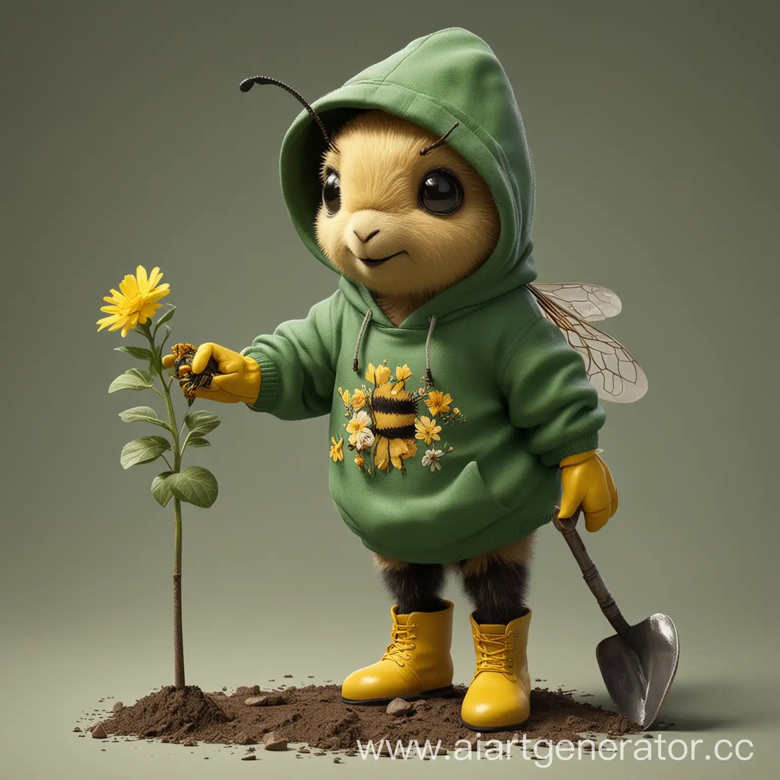Realistic-Bee-in-Green-Hoodie-with-Gardening-Tools-and-Friendly-Wave