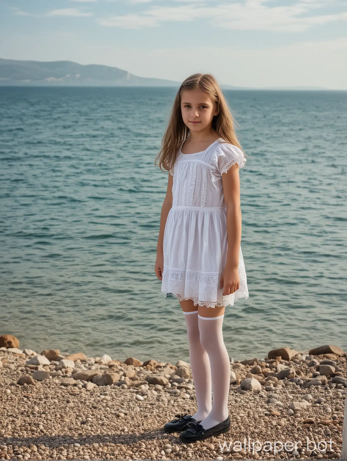 Crimea, sea view, 10-year-old girl in a short dress with stockings, full-length