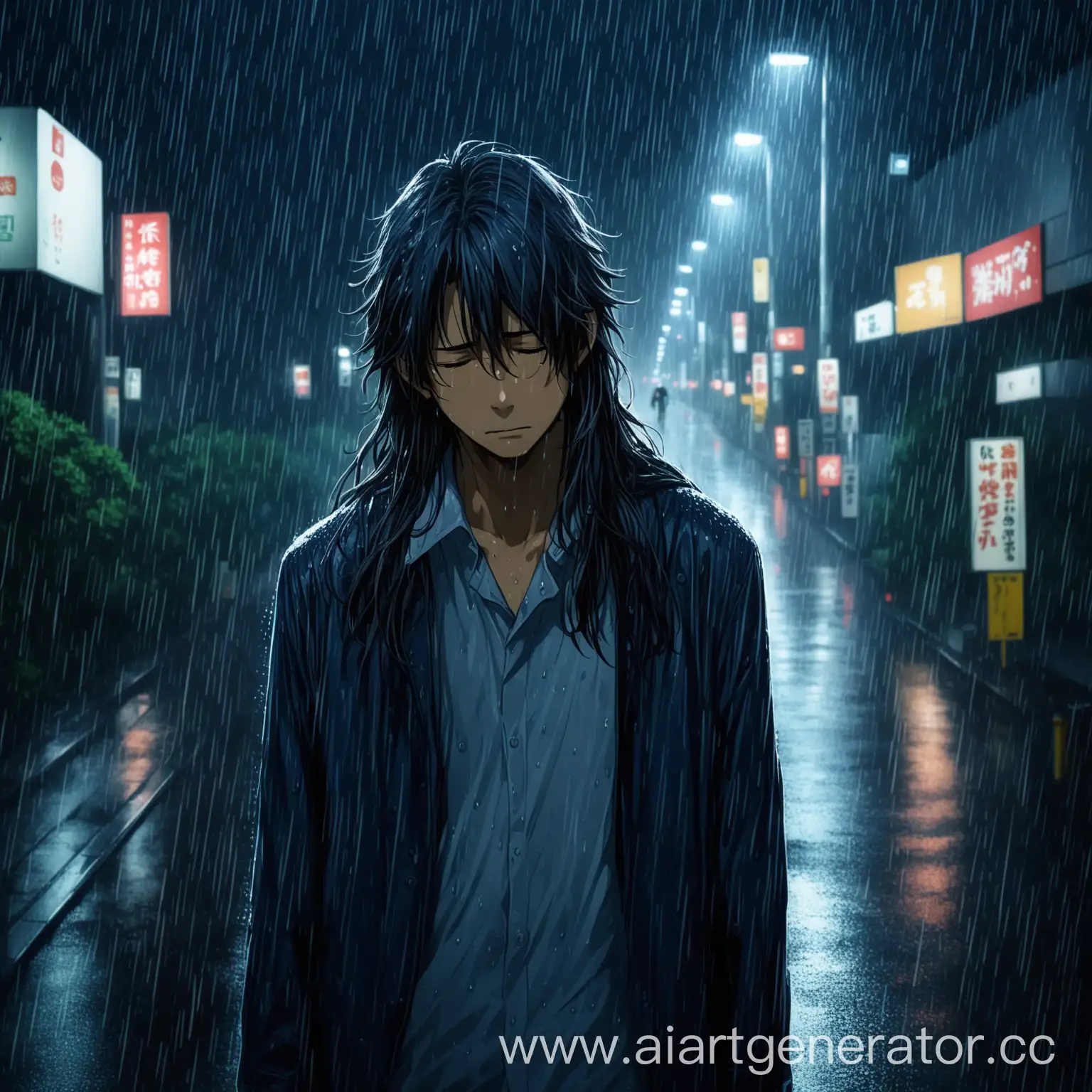 обессиленный длинноволосый парень идет под дождем по ночному токио