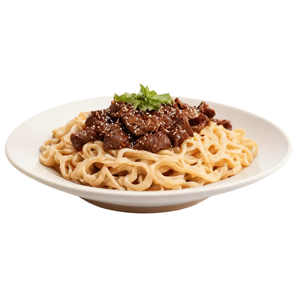 tilted plate with noodles and pieces of beef