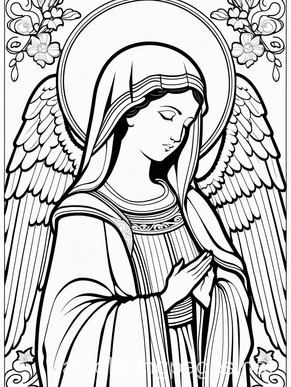 Angle blessing Mary., Coloring Page, black and white, line art, white background, Simplicity, Ample White Space.