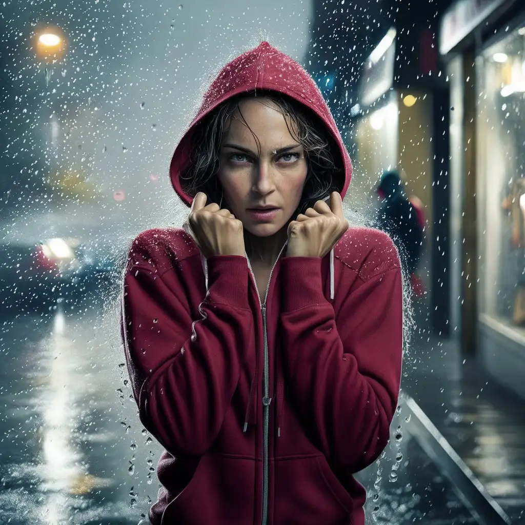 women wearing red hoodie in the rain