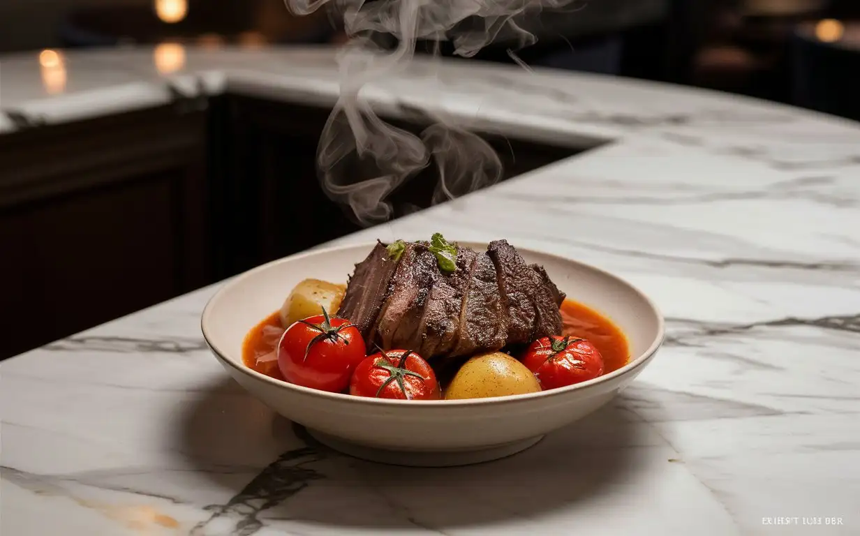 A food photography piece, a steaming bowl of stewed beef brisket with tomatoes and potatoes on the marble tabletop of the restaurant island, the background is the home of bright colors, perfect timing, very realistic colors and light, high definition resolution, shot with a professional SLR camera.