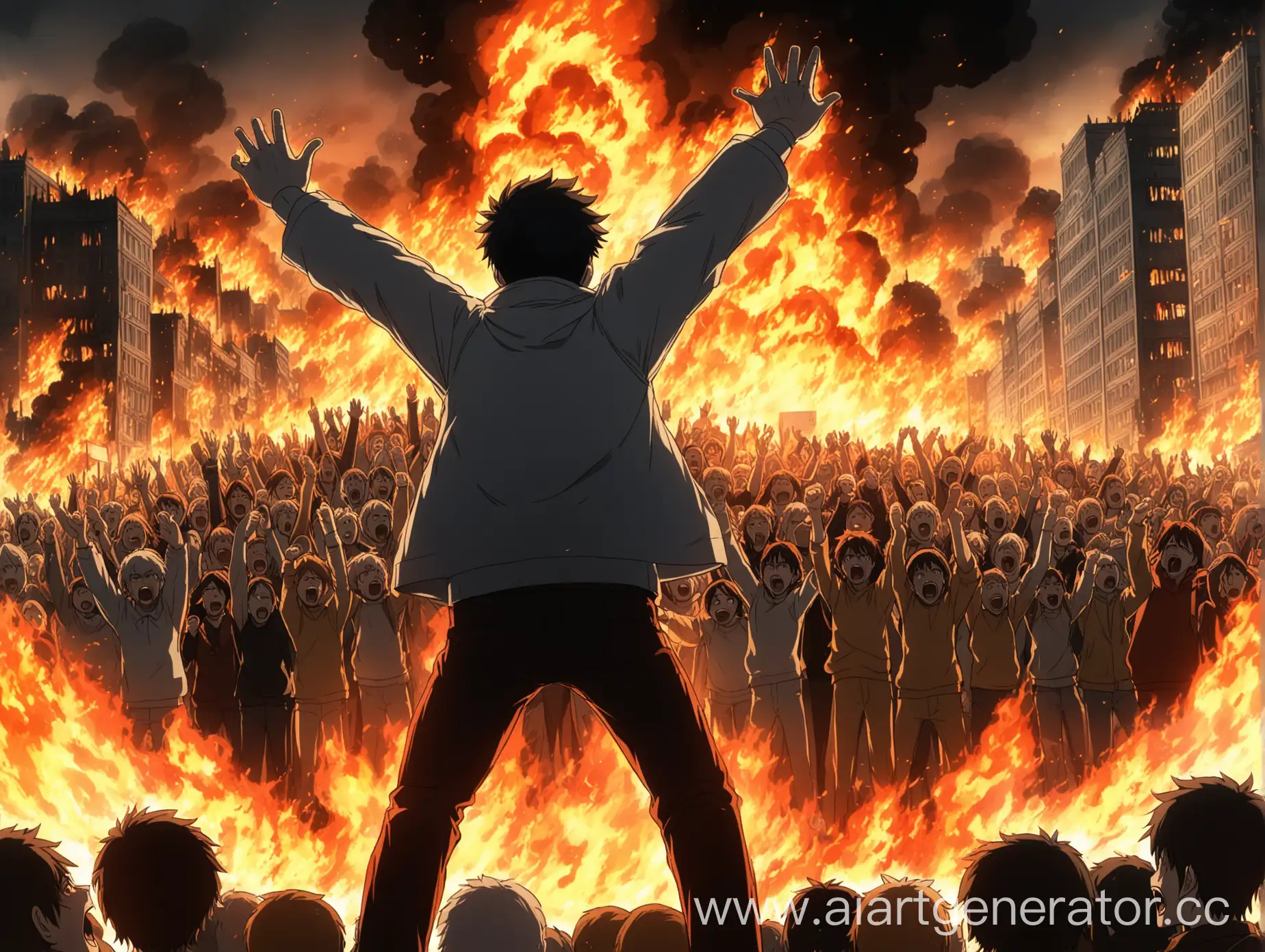 аниме персонаж мужчина кричащий остановиться толпе людей на фоне горящего города