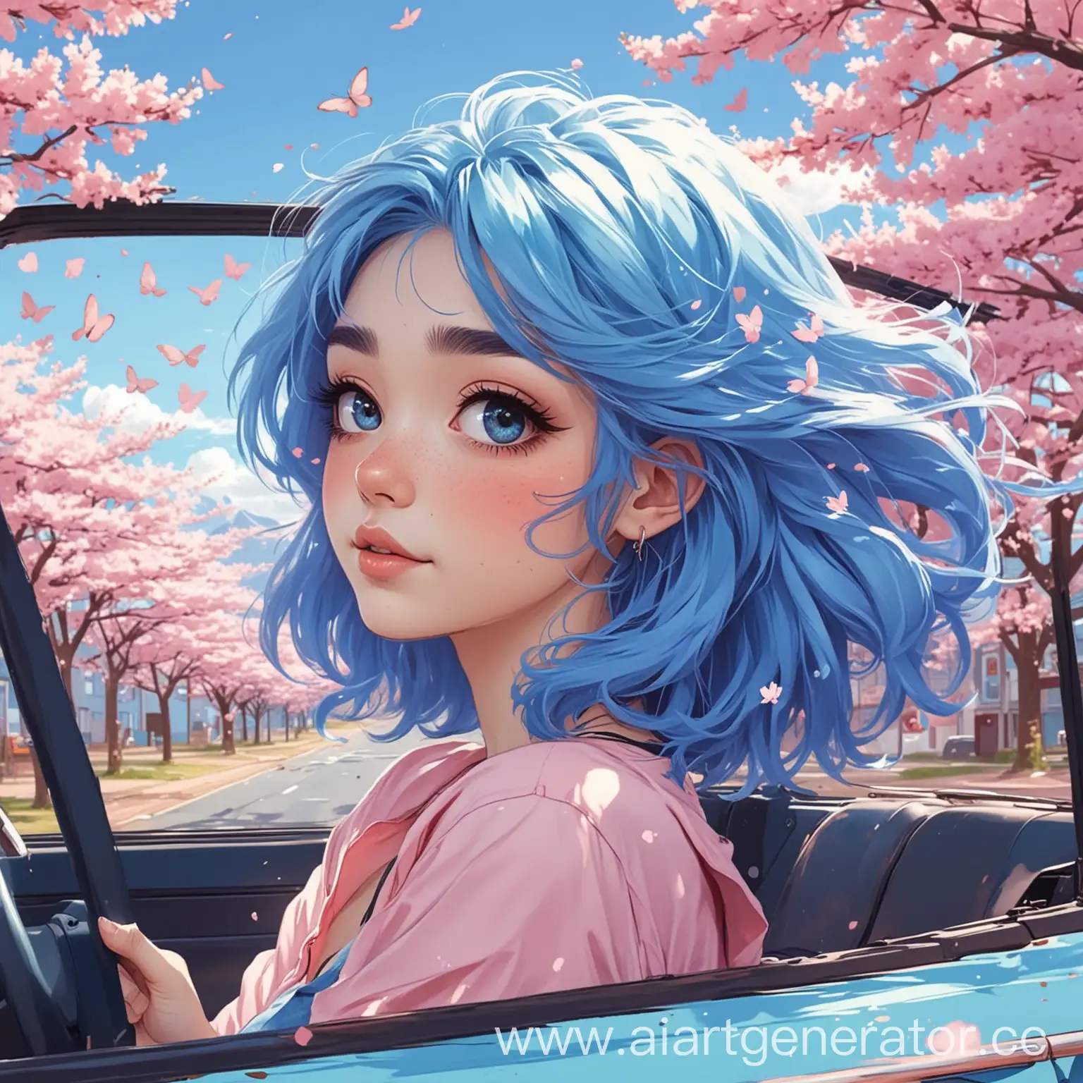 Girl-with-Blue-Hair-Sitting-in-SakuraAdorned-Car-Whimsical-Cartoon-Scene