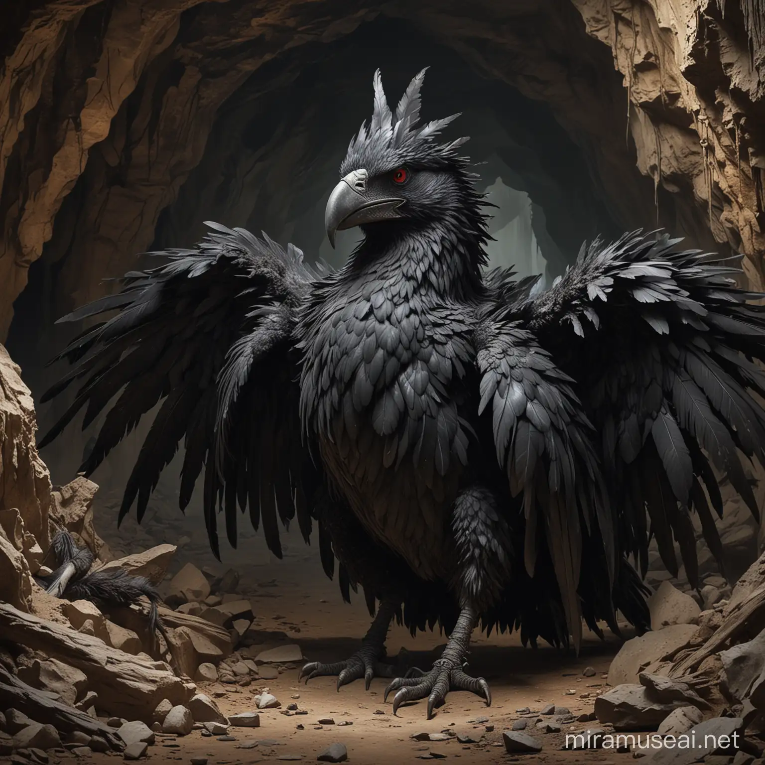 A giant creature with a hunched back, a disheveled mantle of messy black feathers, a terrifying beak, and mighty wings folded, hiding its gaunt body, with a vile soul filled with Corruption spreading outward from six grotesquely giant nodes, hiding in the darkness of a vast cavern