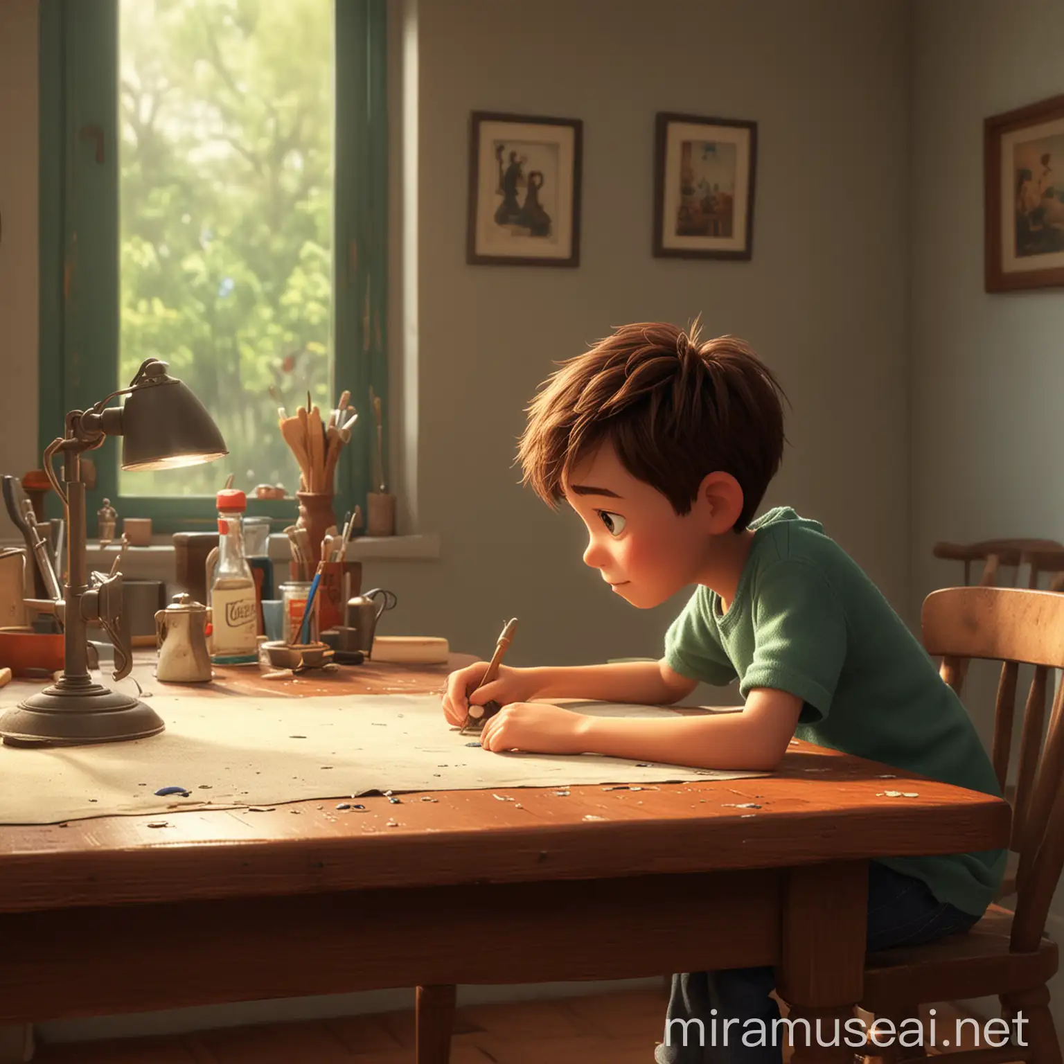 Young Boy Cleaning Table in Meticulous Pixar Style