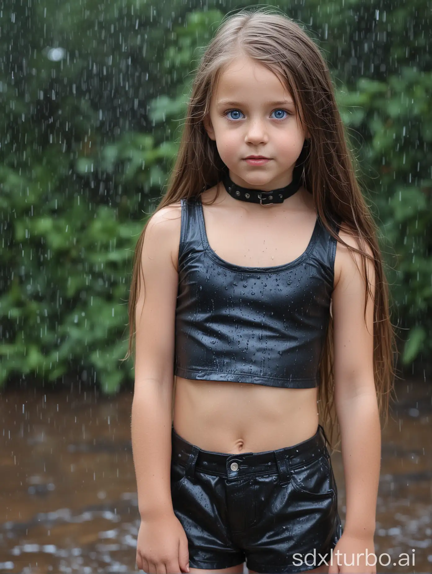 8 year old girl, leather croptop, choker, long hair, blue eyes, in the rain, show belly, leather shorts