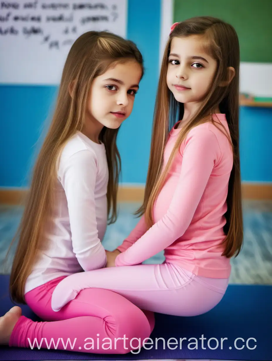 Two most beatiful 10 years old girls. She is lebanon, cute, petite. Close-up body.  Full body. The photo take from side. Bird's eye view. They have long straight hair. They wear a pink yoga pants. The girls are so beautiful, cute. Plump lips.  In classroom