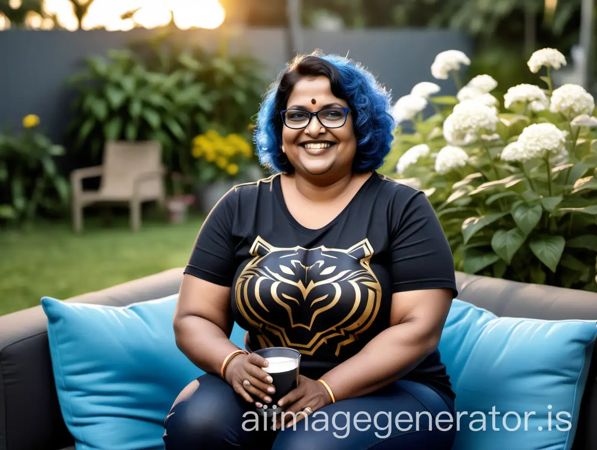a mature fat indian woman with 47 years old age wearing prescription eyeglasses on face with curvy body wearing a black panther logo neon golden wet t shirt and a blue short denim pant with full make up ,open hair style, holding a cup of milk , sitting on a sofa near a flower garden , she is happy and smiling, near her a fat milking cow is standing, its evening and a lot of lights are there
