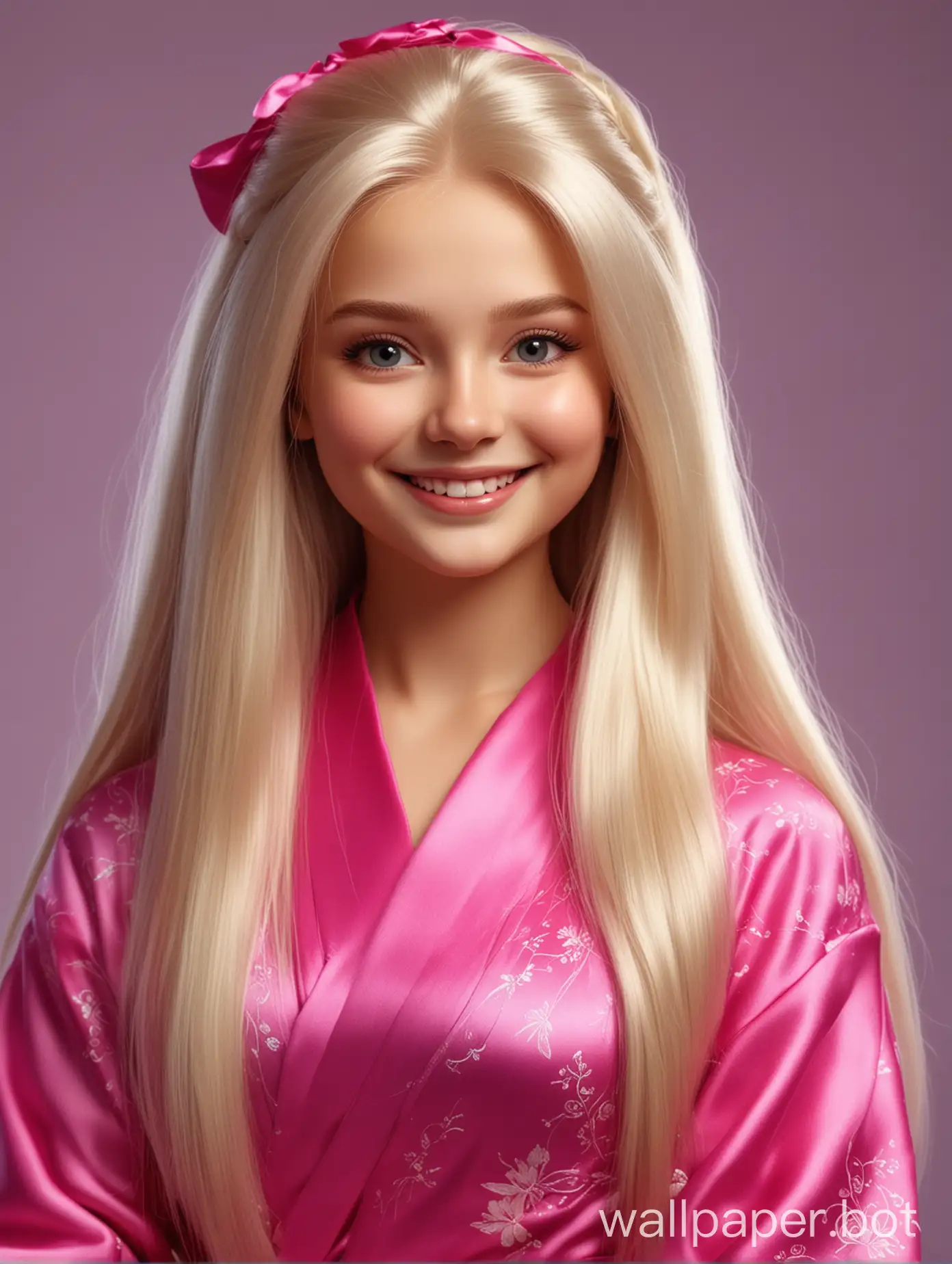 Реалистичная милашка русская Аленушка в стиле Дисней улыбается с длинными прямыми шелковистыми волосами в шелковом халате цвета розовая фуксия