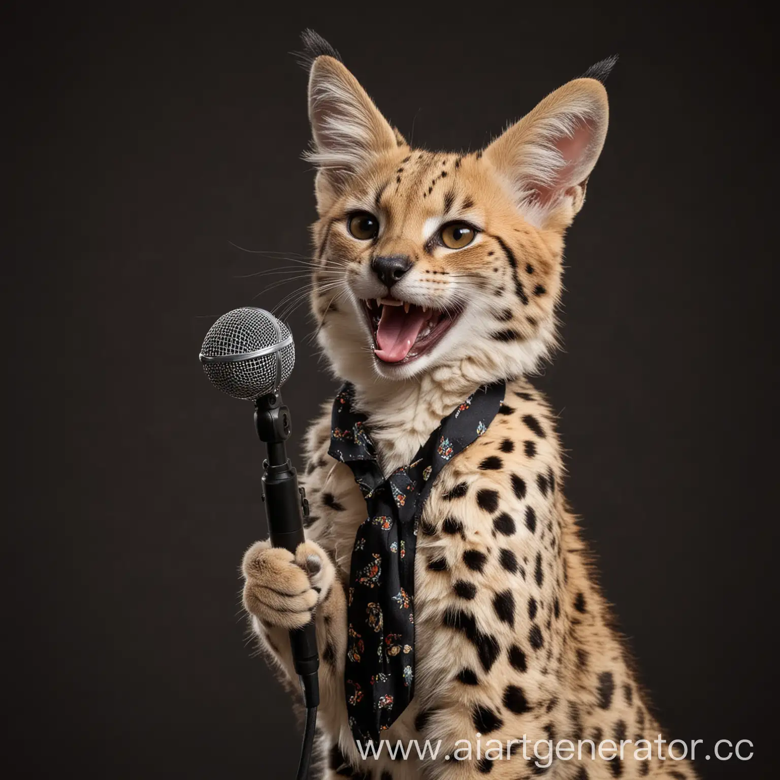 сервал кот в одежде выступает улыбается с микрофоном на темном фоне