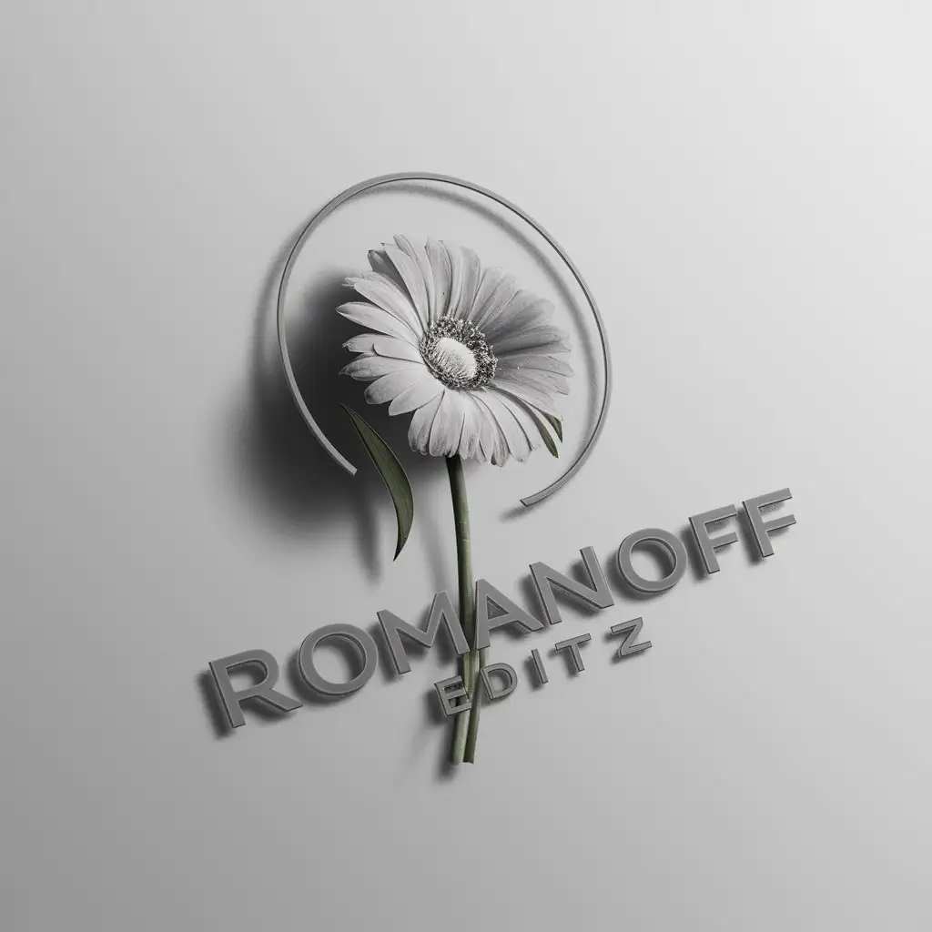 a logo design,with the text 'romanoff_editz', main symbol: In the middle there is a medium gerbera flower and it has shadow and a circle surrounding it and romanoff editz is penetrating it grey and white is the most important colour, Minimalistic, be used in Editing industry, clear background