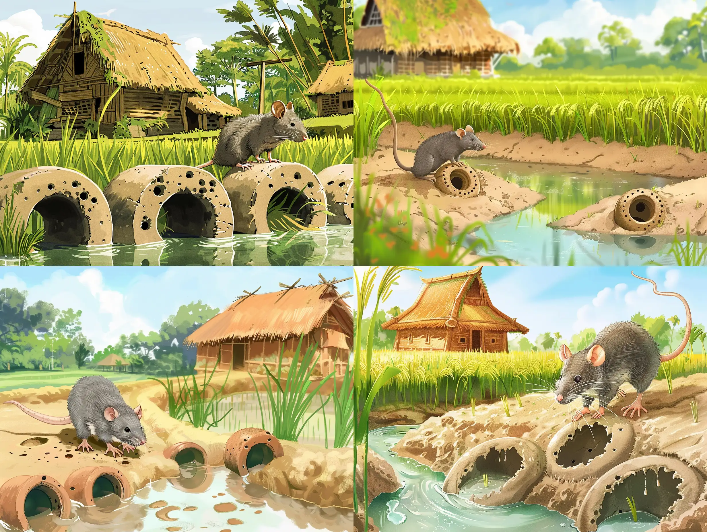 Illustration like a Disney fairytale about the gray rat who made holes in clay rollers in rice field near the peasant’s Indonesian house and the water drained away. The peasant is very upset