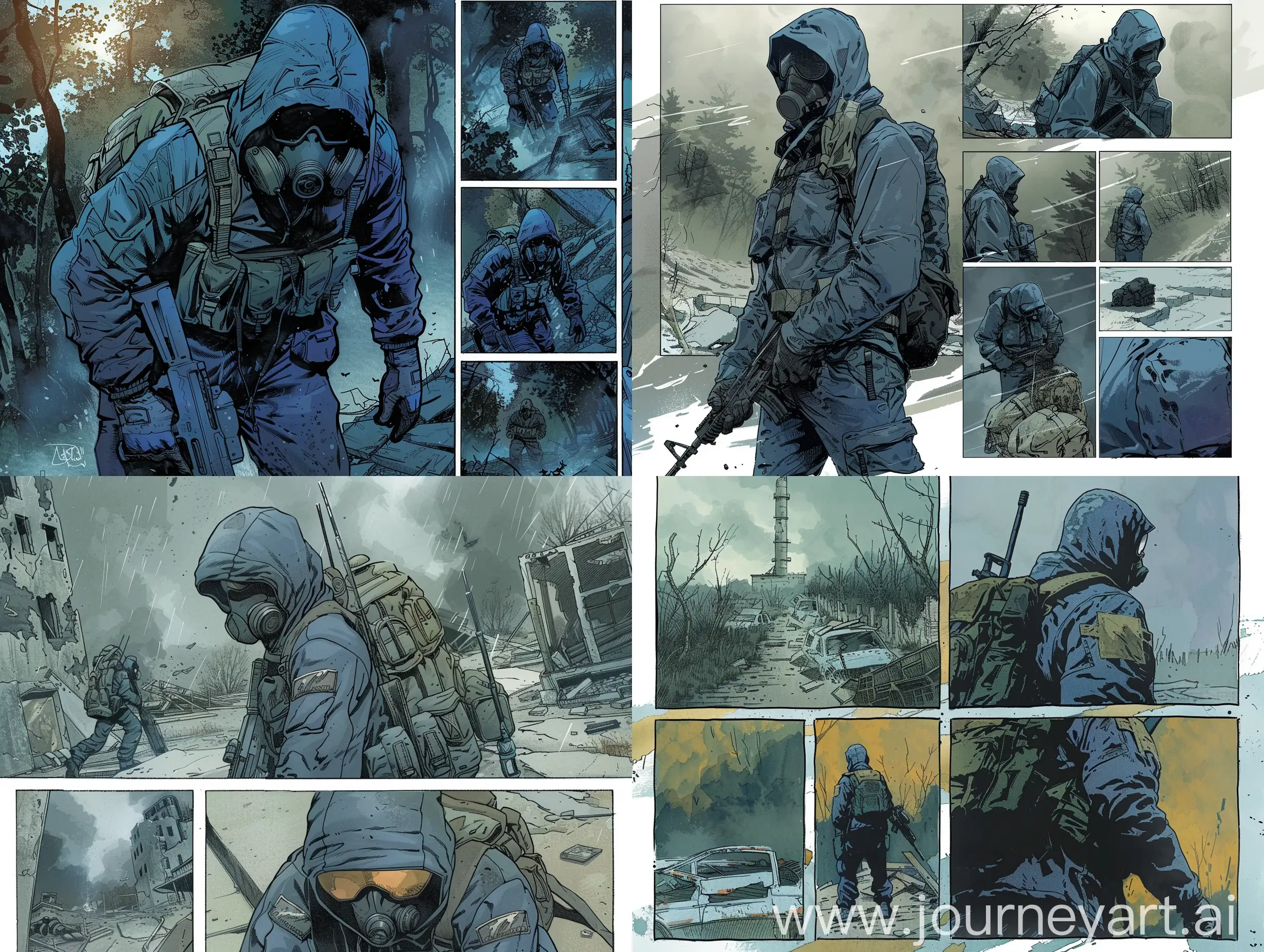 Stalker, A comic book page with panels in the style of anime, colored manga, Each panel depicts a stalker exploring the expanses of the Radioactive and abandoned Chernobyl Zone, the stalker himself on each panel of the manga is dressed in a dark blue jumpsuit with a hood, wearing chemical protection gloves, he had a gasmask on his face, military armor, a small backpack on his back, military boots, in his hands is a sniper rifle.