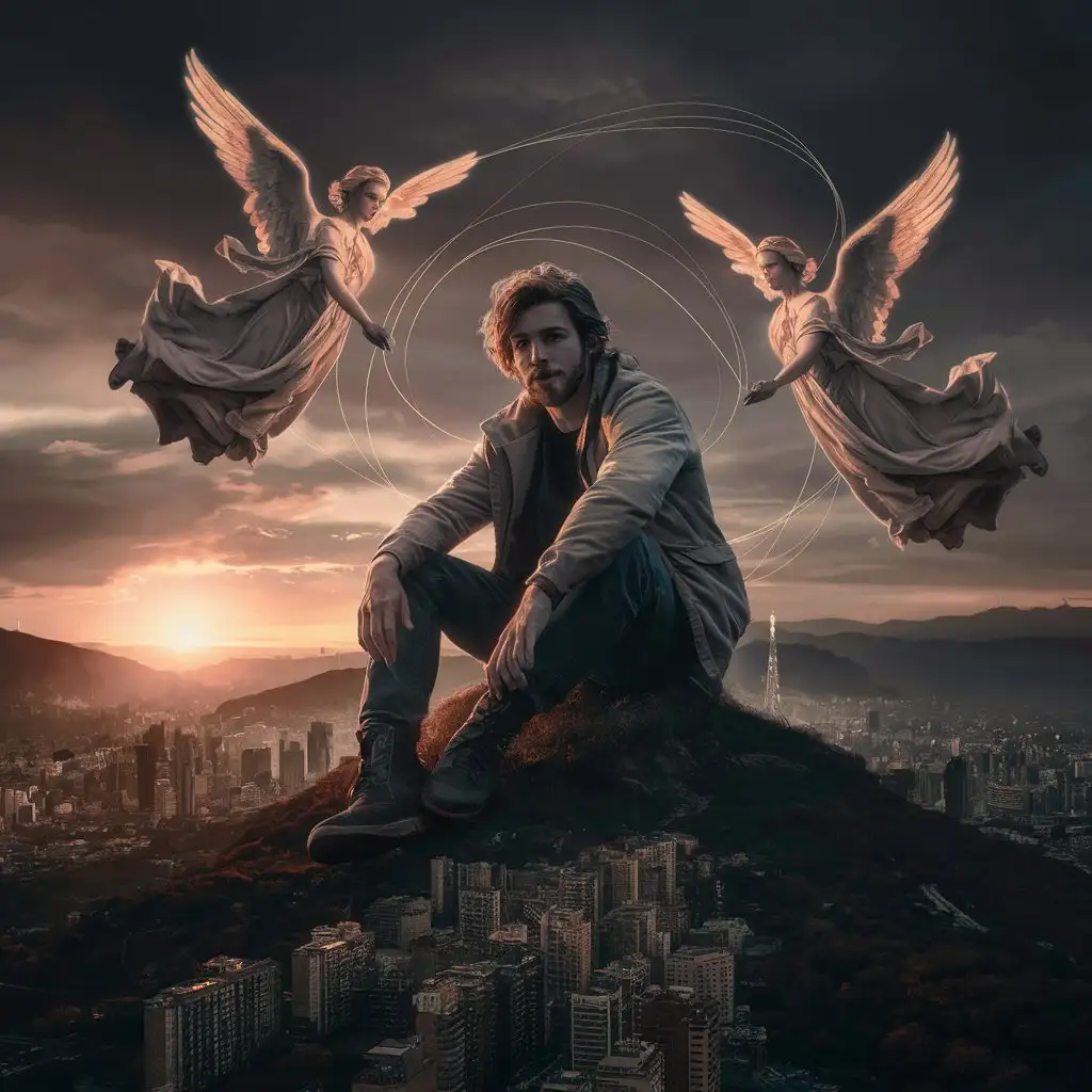 generate a creative image of 32 year mad boy siting in the top of the hill and seeing the city top view in the 7.30 pm, 2 angels flying over his head and surroundigs, he is in a loop