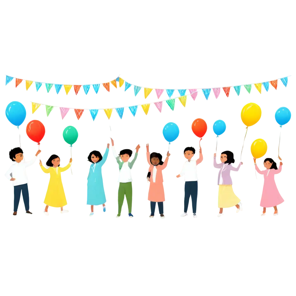 generate a vector School Eid  party image.  The  Eight boys wearing Kurta and trouser and 6 girls wearing long Abaya with hijab.  children  holding balloon. Confetti are droping on the children . Six string of triangle ribbons are hanging on the walls. and balloons are every where.  