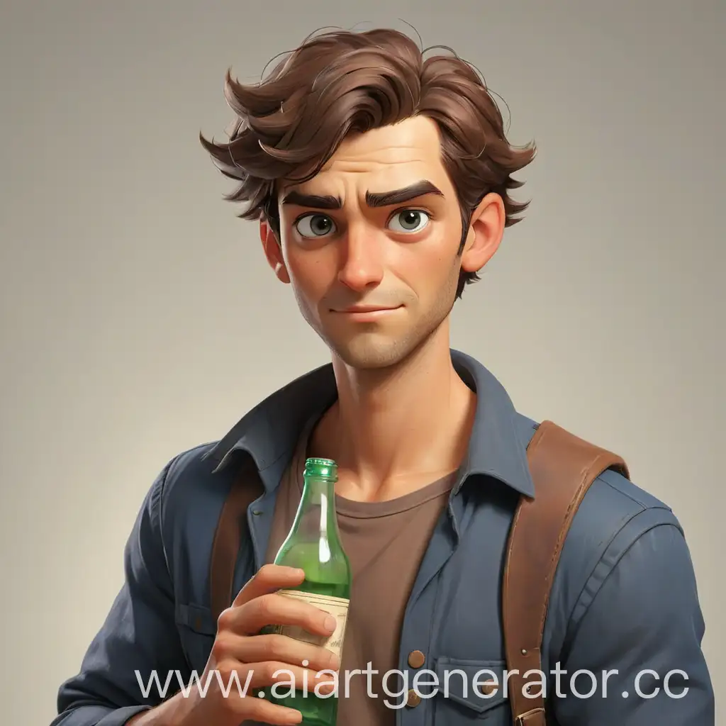 The cartoonishly handsome brother holds a bottle in his hand