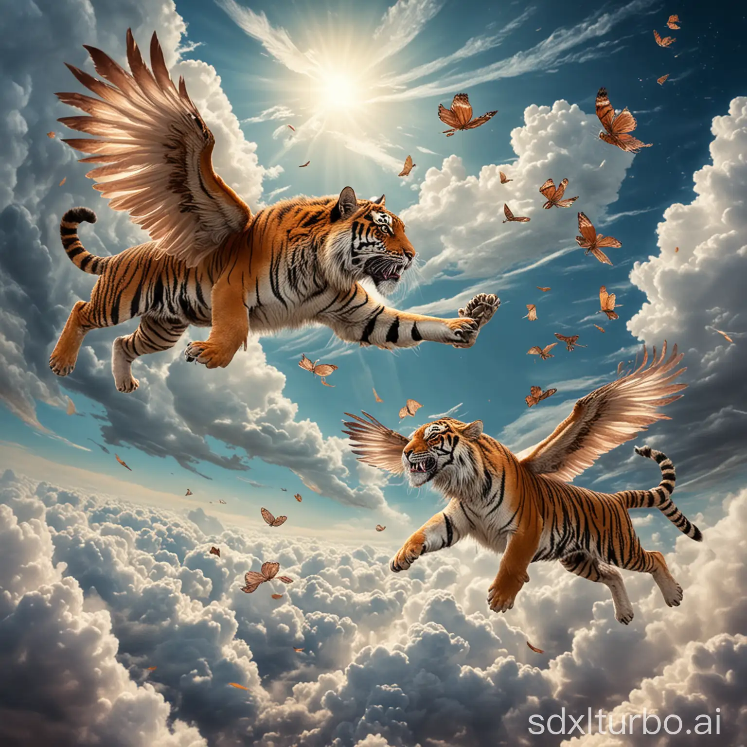 tigers flying in the sky growing wings