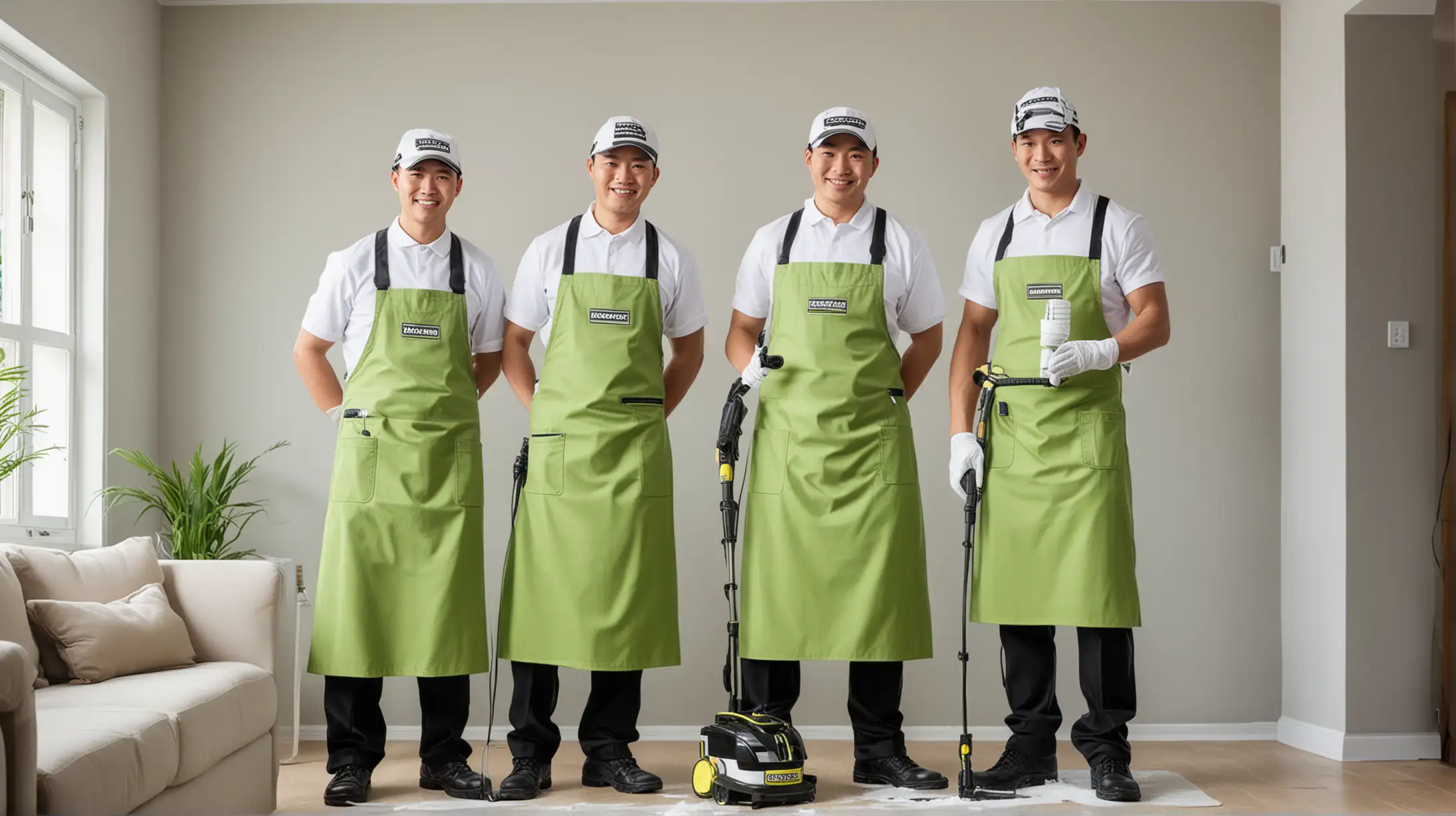 四位中国男家政，戴着棒球帽，戴着白色手套，微笑着拿着卡赫牌蒸汽机清洁墙上的热水器，穿着浅湖绿色围裙。背景是客厅全景图。