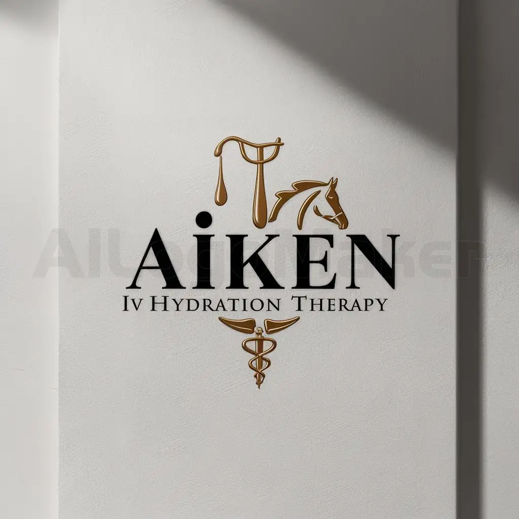 a logo design,with the text "Aiken IV Hydration Therapy", main symbol:Aiken IV Hydration Therapy, Located in a Southern town with a large equestrian community, the logo should reflect the upscale nature of our services and appeal to our target demographic, Incorporate elements of water, IV bags, horses, and the medical caduceus/medical symbol in a cohesive and visually appealing manner, The color scheme should be primarily black and gold, The overall style of the logo should be elegant and sophisticated, in line with our brand image.,Minimalistic,be used in 0 industry,clear background