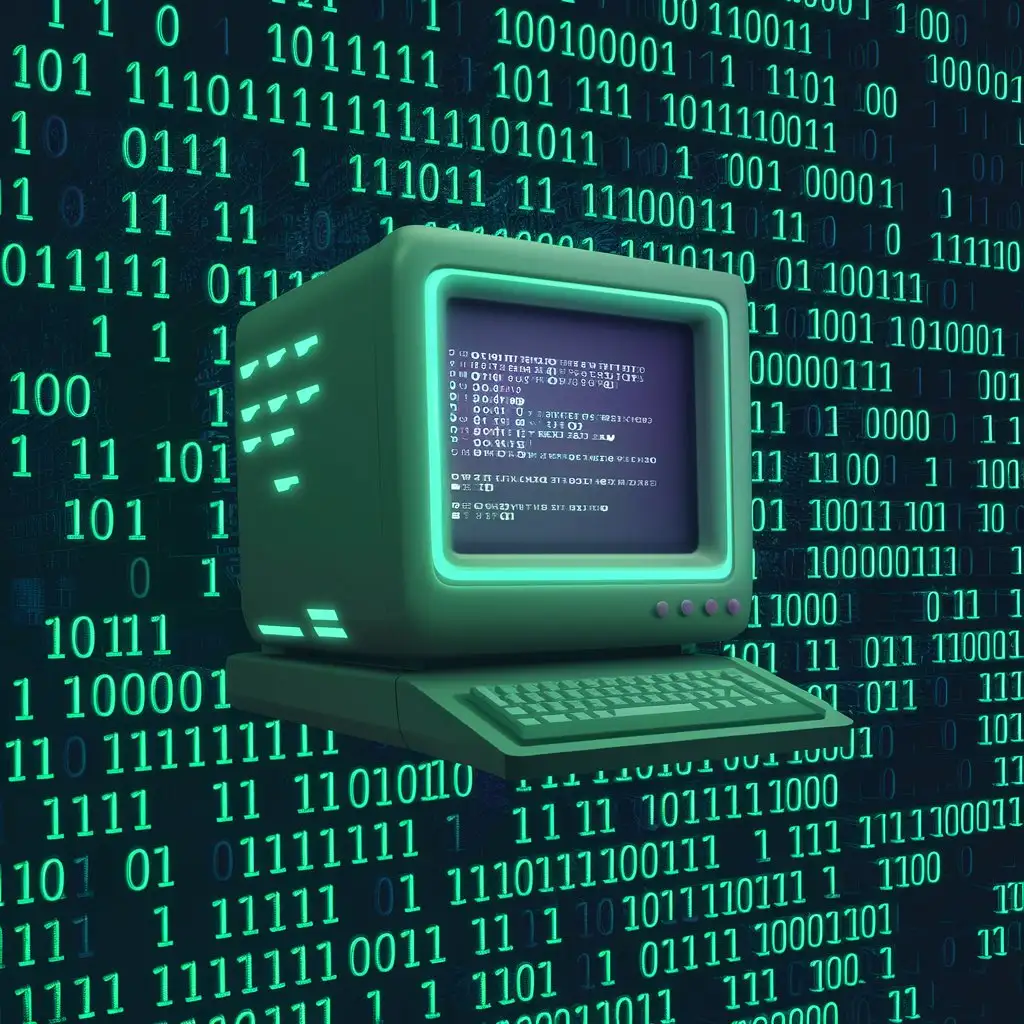 мультяшный современный компьютер на фоне стены из единиц и нулей в хакерском темно-зеленом стиле