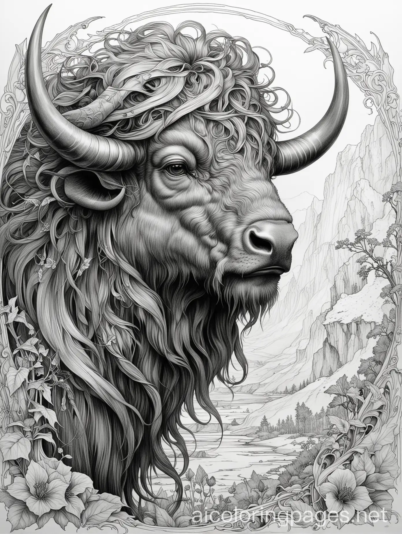 Buffalo,  fantasy, ethereal, beautiful, Art nouveau, in the style of Brian Froud, Coloring Page, black and white, line art, white background, Simplicity, Ample White Space. The background of the coloring page is plain white to make it easy for young children to color within the lines. The outlines of all the subjects are easy to distinguish, making it simple for kids to color without too much difficulty