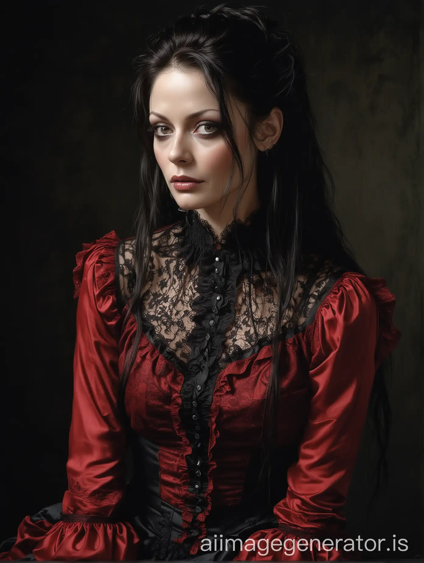 luis royo inspired dark art, Michelle Gomez face with white eyes, no makeup, serious face, wearing crimson long sleeve blouse with ruffles and  lace with a black round collar, portrait, bright morning, bare neck, plain black backdrop, frontlight, sitting on a black satin block, long sleek straight hair