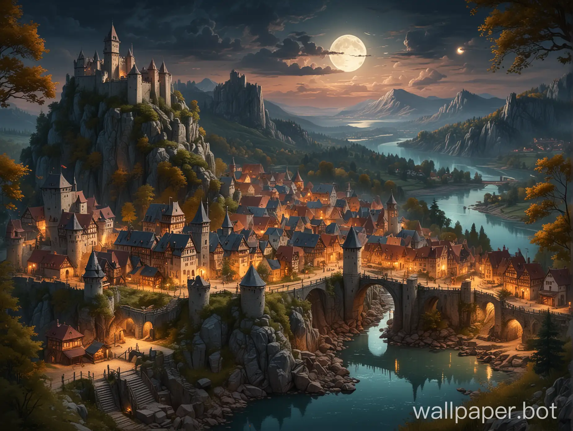 landscape, mountain in background, entire medieval village, fantasy, meadow, ramparts, fortifications, close aerial view of town, entrance view of town with a drawbridge, large trees, drawn style, colored, warm colors, detailed image, visible details, forest in the background, waterfalls, lake, at night, lighting, moon, night scene