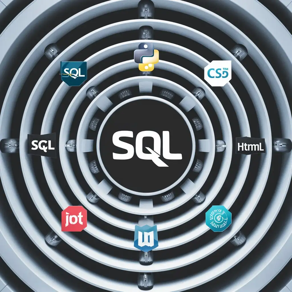  Compose an image containing a circle with the SQL logo in the center, surrounded by circles representing the logos of MongoDB, Python, C#, HTML, CSS, JavaScript, and Kotlin, in that order.