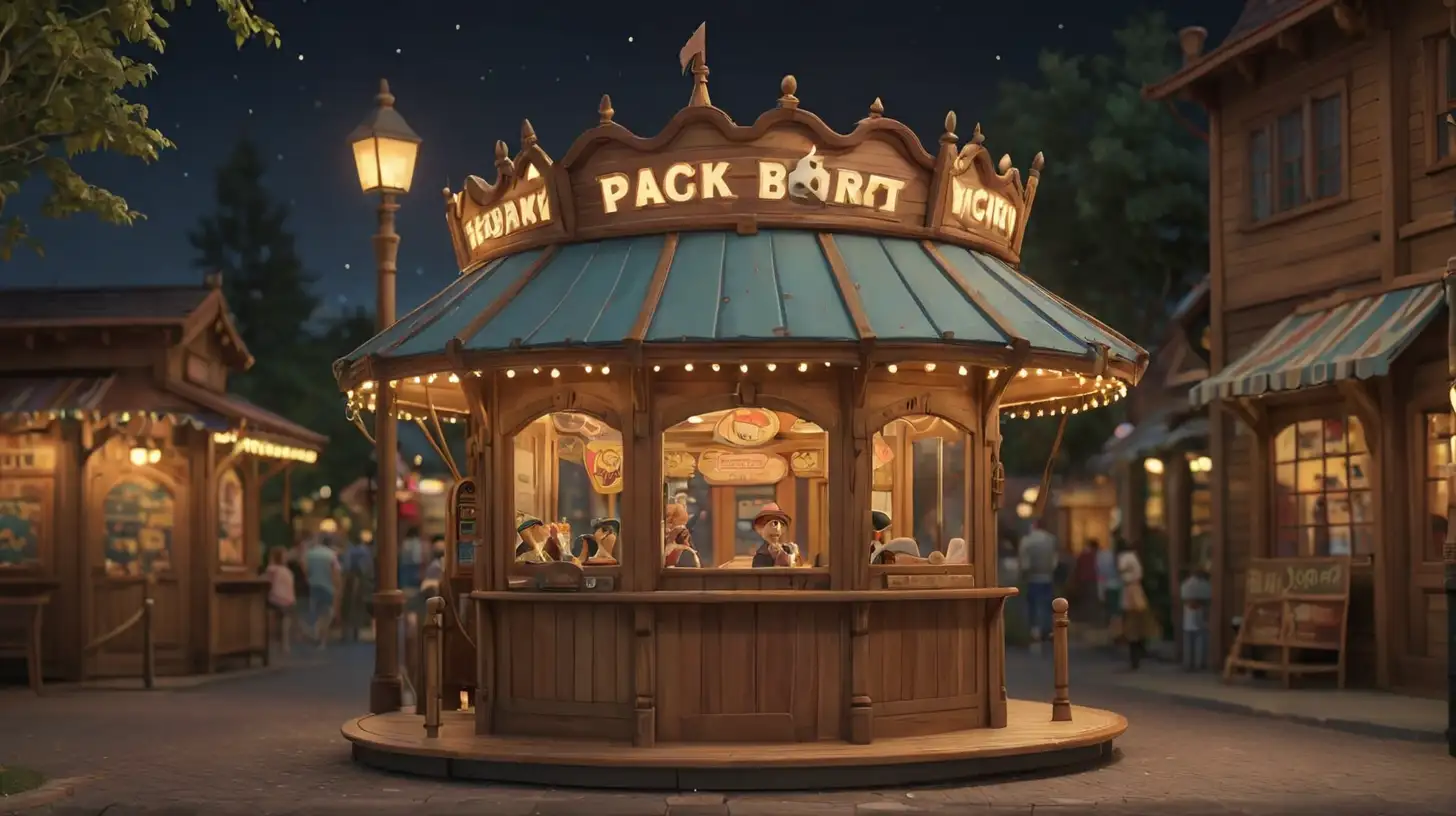 Pixar Style Wooden Ticket Booth at Night in Small Amusement Park
