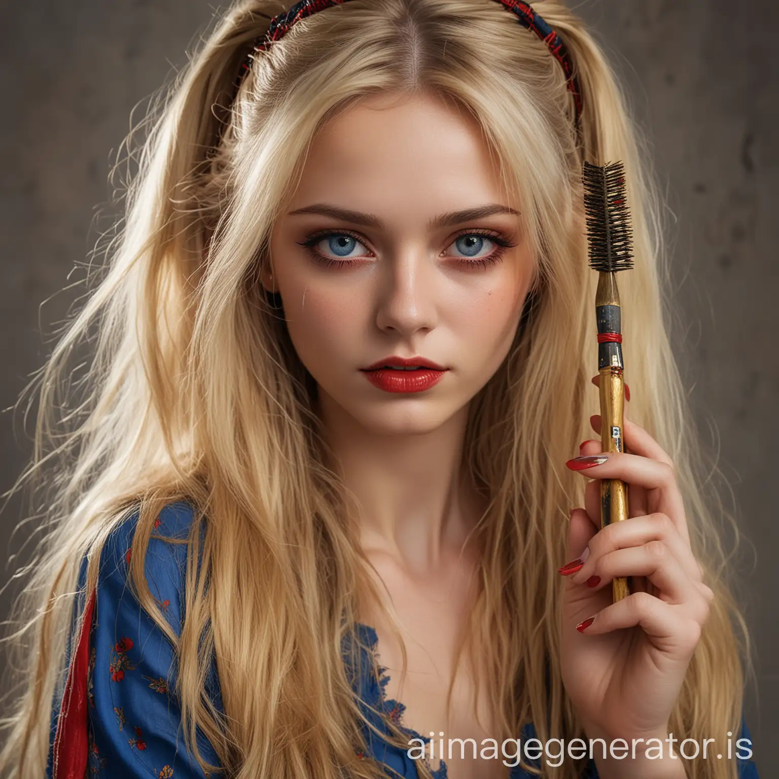 Woman long hair blonds Thin blue and red eyes long nails pointed ears holding a golden brush ragged dress
