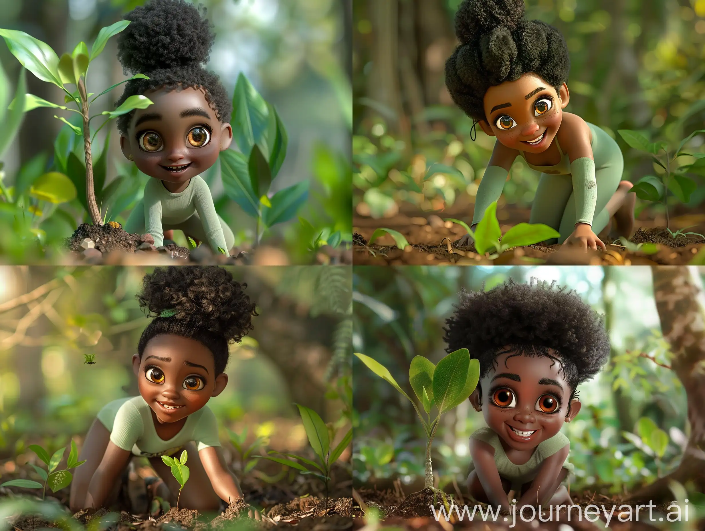 Full length zoomed out image of round faced smiling black African girl, l with large amber eyes, her natural 4c hair is in a poofy bun, she is wearing a light green tight fitting top and she is kneeling on the ground planting trees 