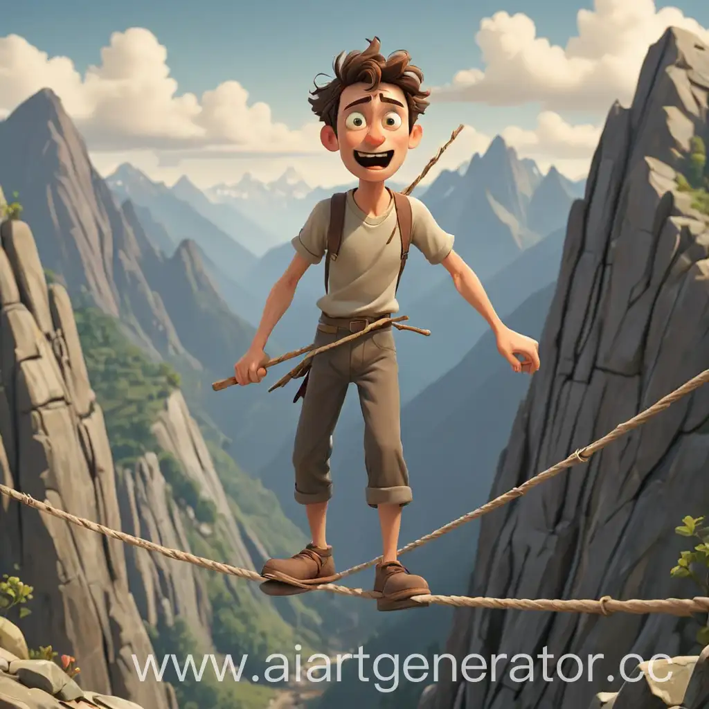 Courageous-Cartoon-Man-Walking-Tightrope-Between-Majestic-Mountains