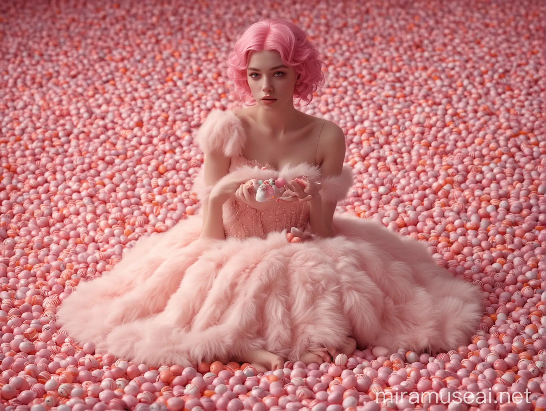 Create sculpture of a pink-haired woman, surrounded by candy. The woman must be sitting in a field of cream. Haute couture, old photography, cinematic, soft fur. The character must be wearing a candy-colored dress and accessories such as chubbies or skittles. Sweet concept, cinematics, soft fur, extremely detailed.