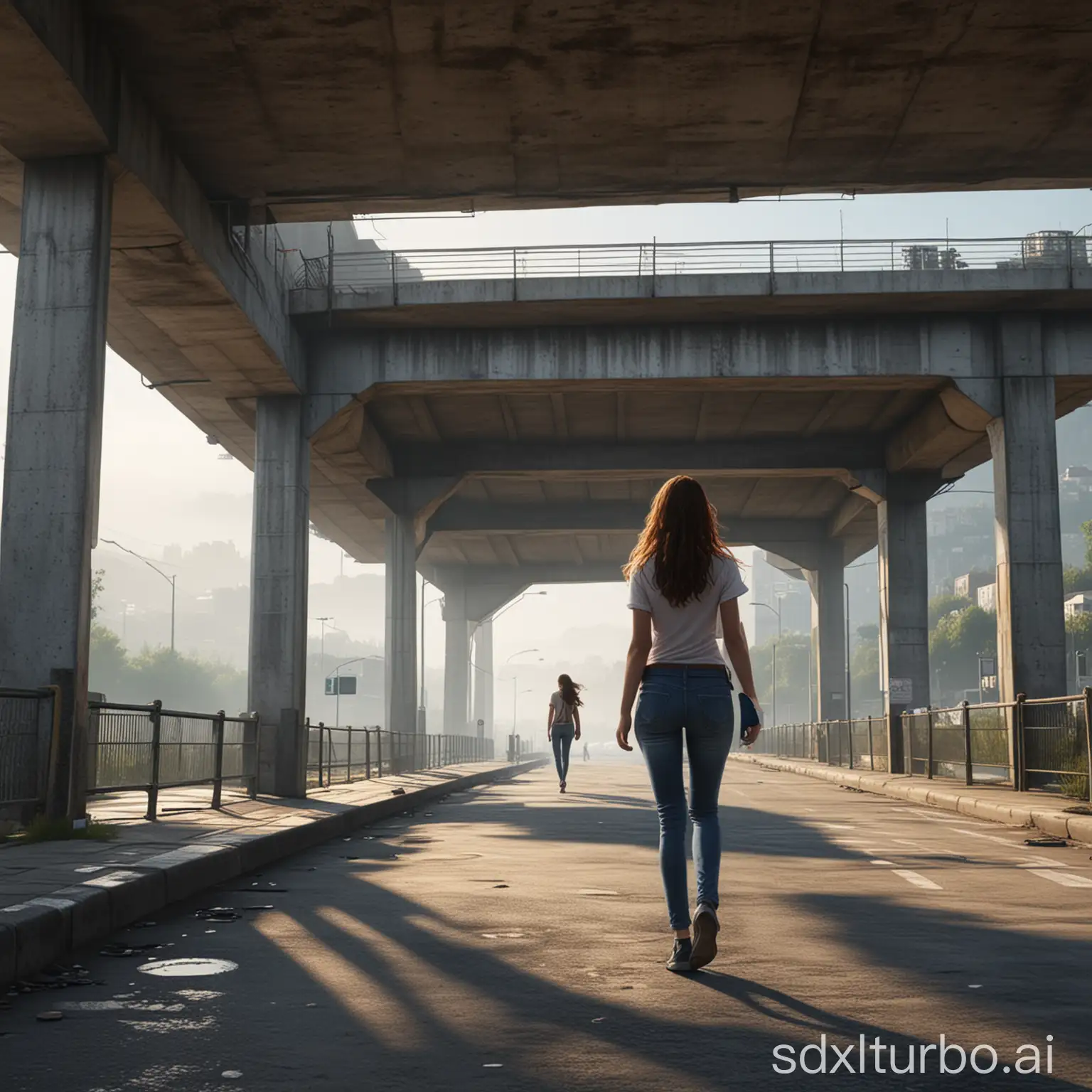 Urban-Stroll-Girl-Walking-with-Man-under-Overhead-Bridges