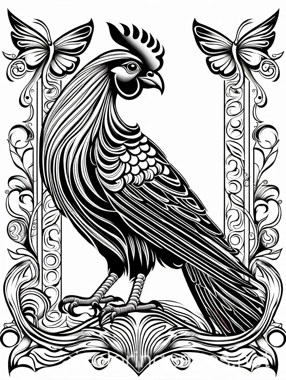 Ayam Cemani, fantasy, ethereal, beautiful, Art nouveau, in the style of Yossi Kotler,, Coloring Page, black and white, line art, white background, Simplicity, Ample White Space. The background of the coloring page is plain white to make it easy for young children to color within the lines. The outlines of all the subjects are easy to distinguish, making it simple for kids to color without too much difficulty, Coloring Page, black and white, line art, white background, Simplicity, Ample White Space. The background of the coloring page is plain white to make it easy for young children to color within the lines. The outlines of all the subjects are easy to distinguish, making it simple for kids to color without too much difficulty