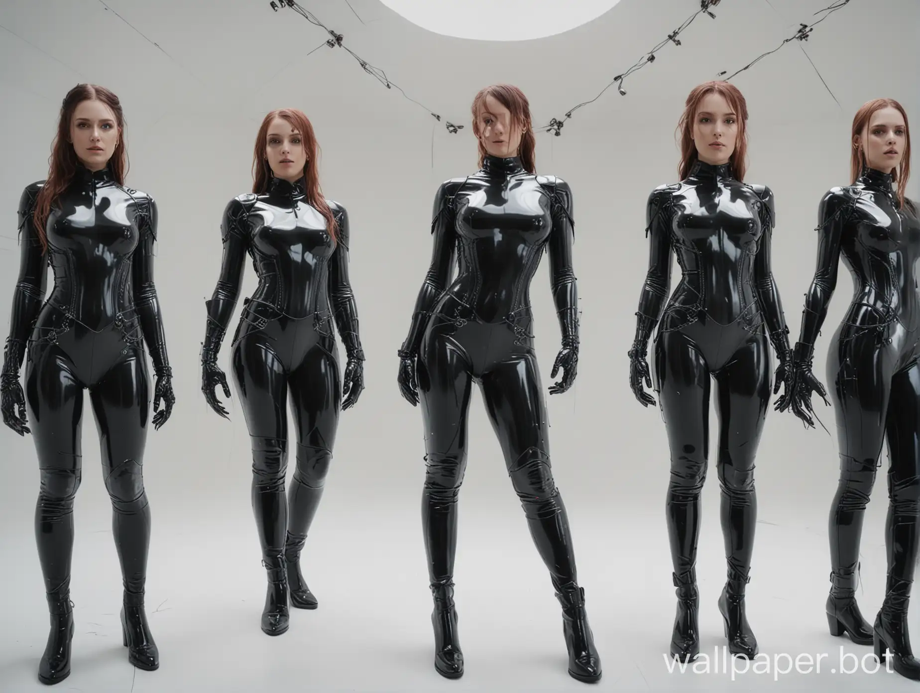 latex catsuit models collide with singularity, gothcore, multiverse, white background, full view, ultra wide angle, depth of field, professional photography, ultra realistic, 4k resolution, ultra detailed, vibrant colors, Leonardo da Vinci
