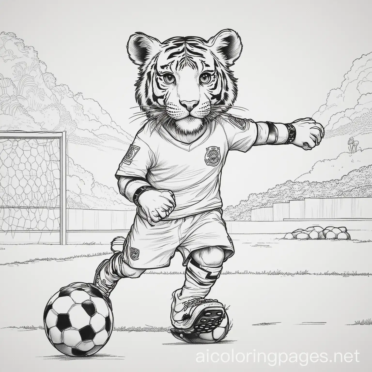 tiger playing soccer in mexico, Coloring Page, black and white, line art, white background, Simplicity, Ample White Space. The background of the coloring page is plain white to make it easy for young children to color within the lines. The outlines of all the subjects are easy to distinguish, making it simple for kids to color without too much difficulty