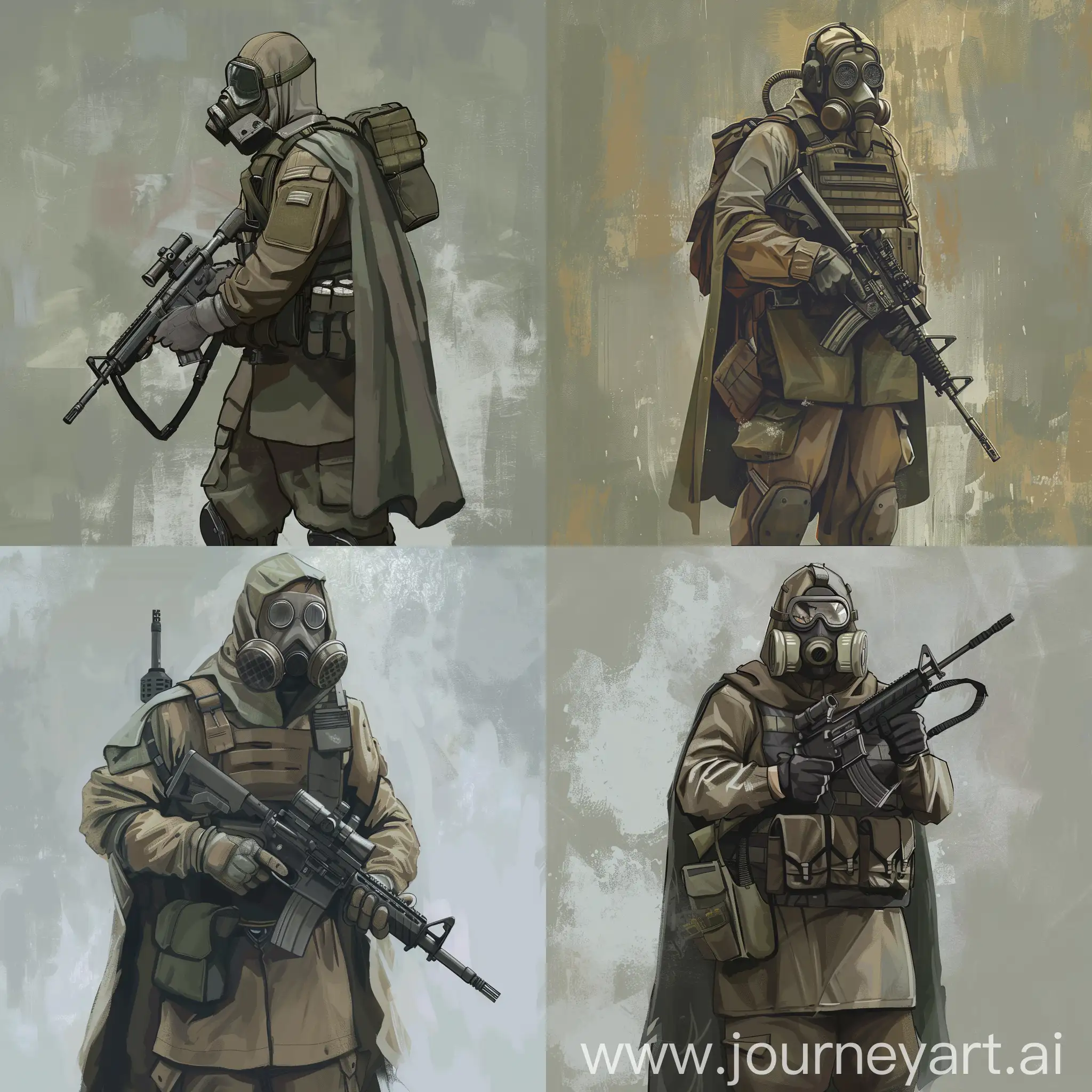 A soldier in chemical protection, a chemical safety cloak, a gas mask, a military sniper in his hands, a small military backpack, military unloading on the body, concept art.