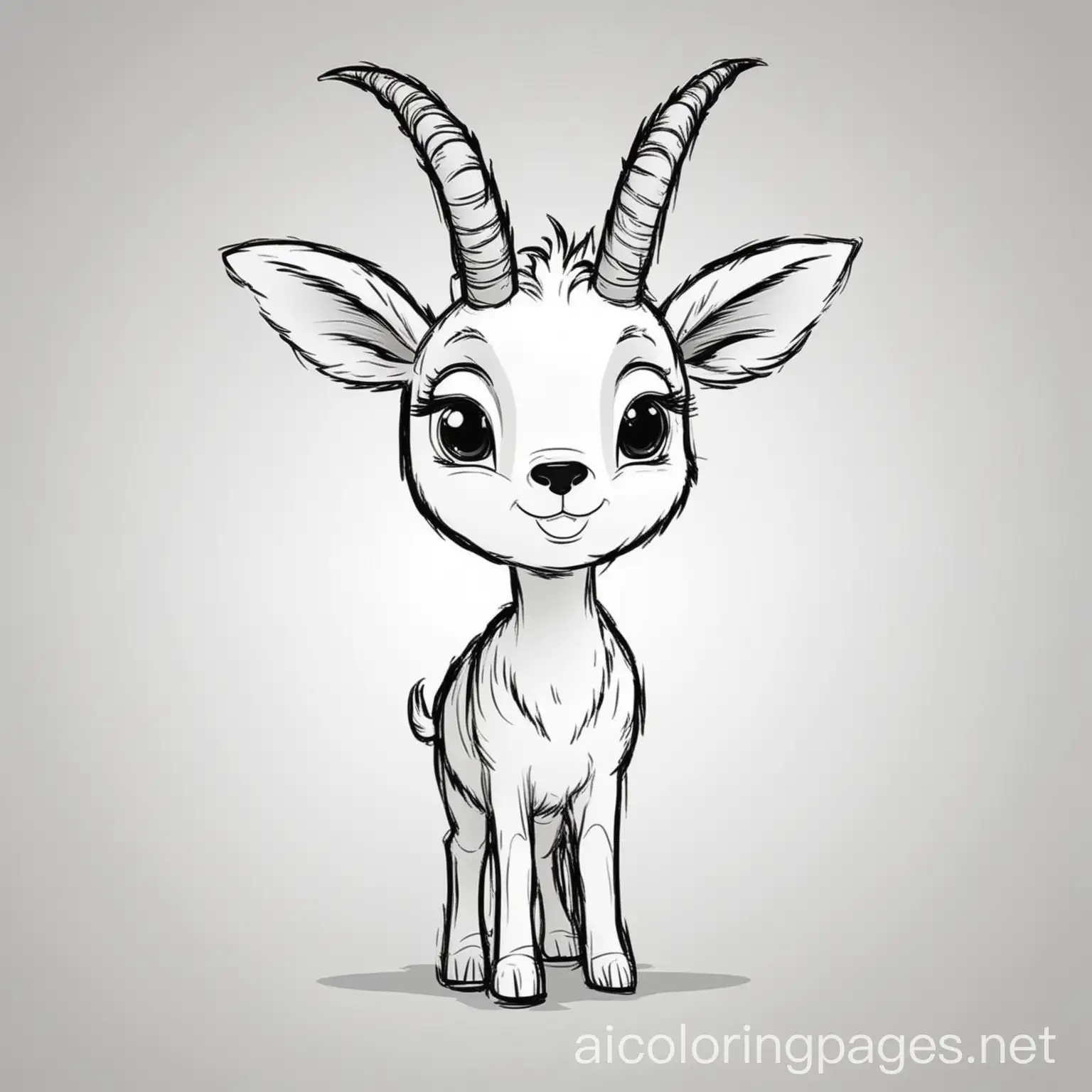 Antelope cartoon character, Coloring Page, black and white, line art, white background, Simplicity, Ample White Space. The background of the coloring page is plain white to make it easy for young children to color within the lines. The outlines of all the subjects are easy to distinguish, making it simple for kids to color without too much difficulty